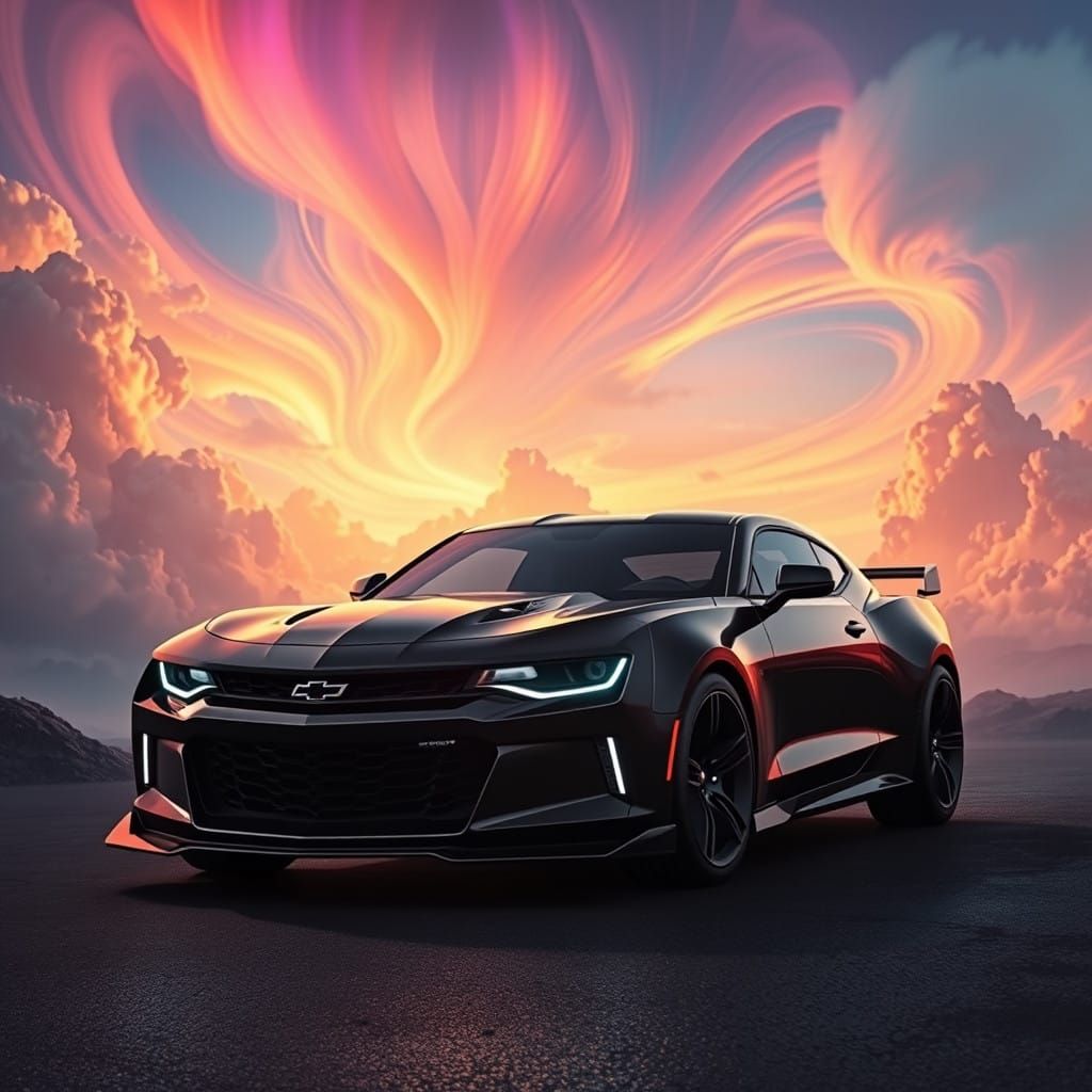 Sleek Black Chevrolet in Vibrant Fantasy Landscape