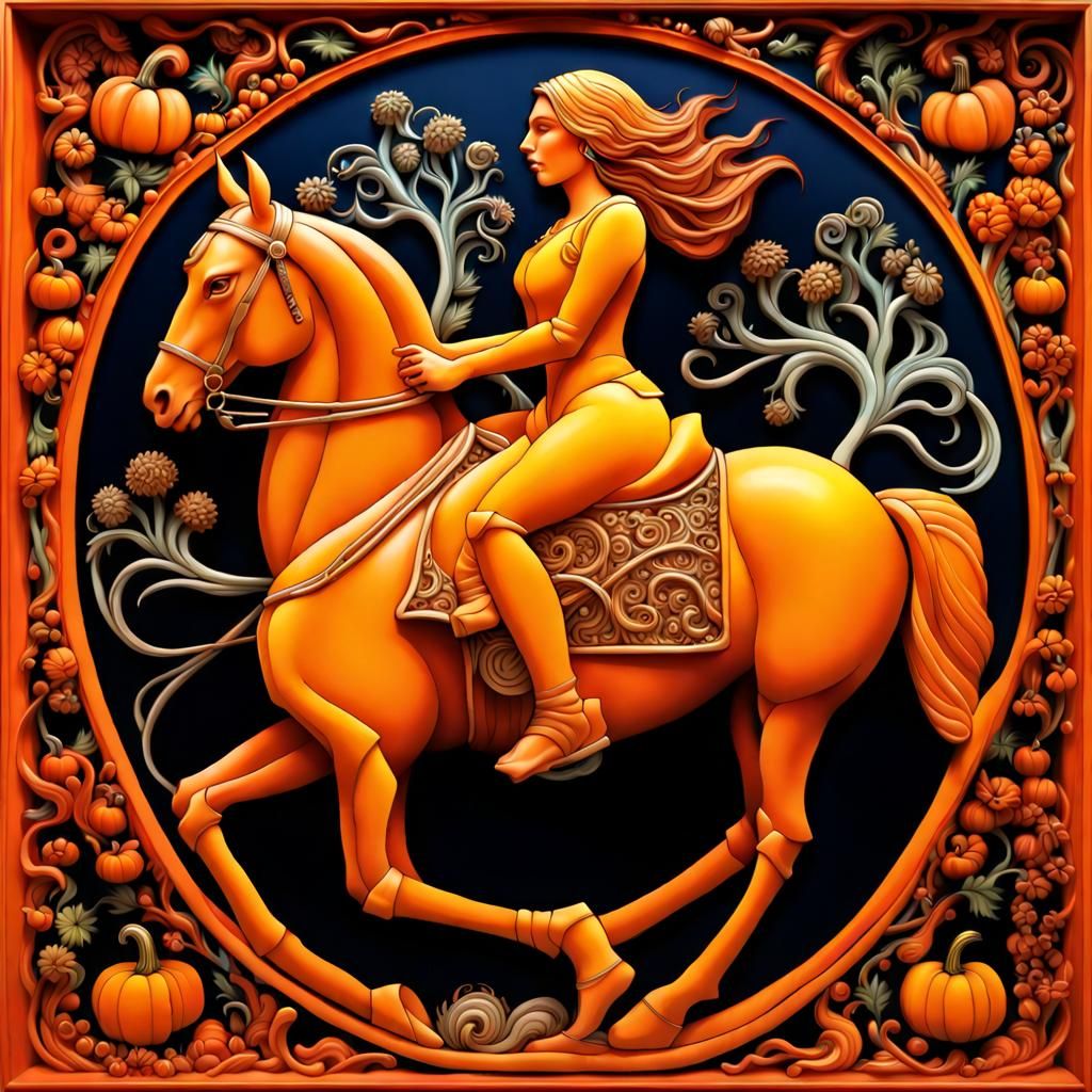 Woman Rides Pumpkin Horse in Leonardo da Vinci Style