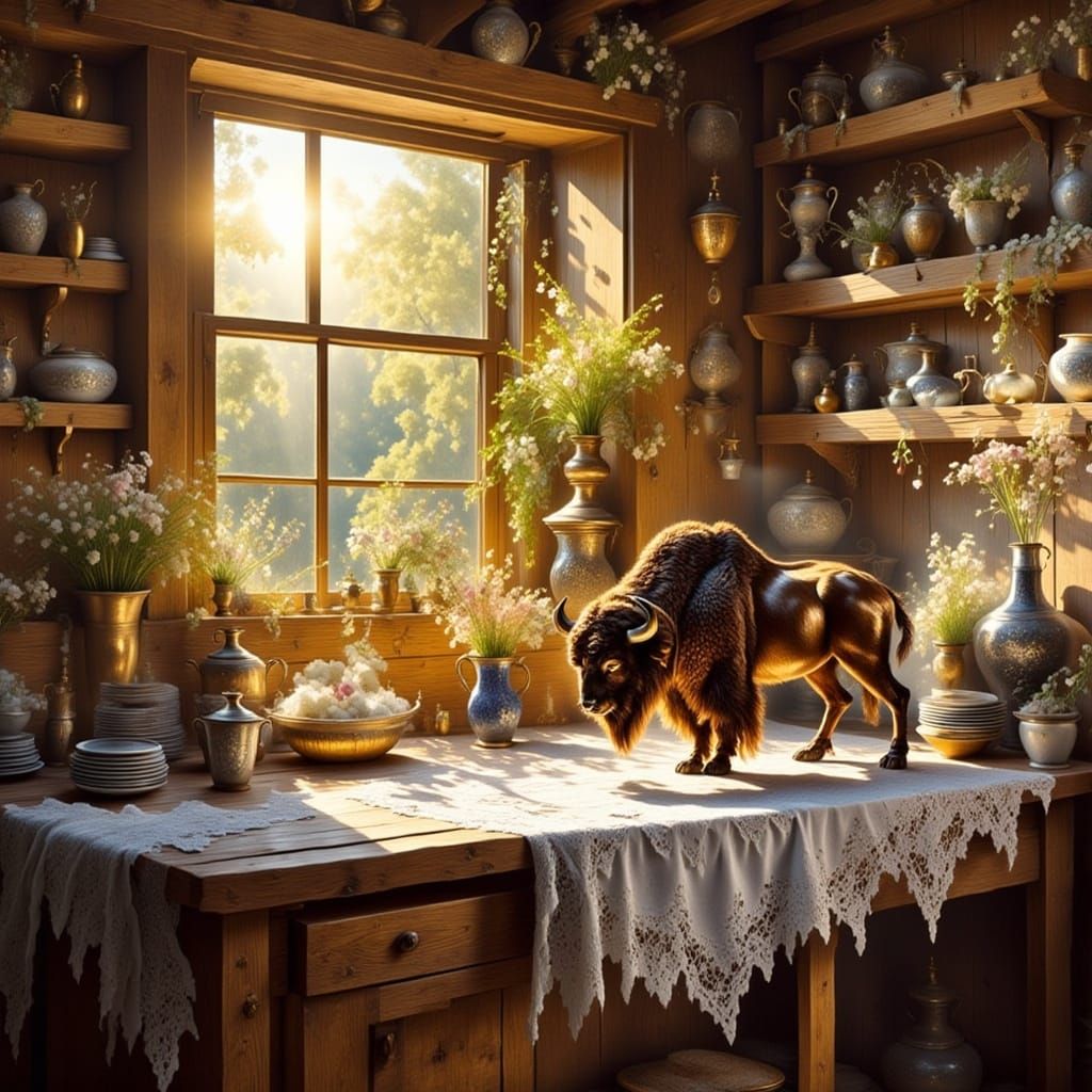 Sunlit Kitchen with Bison Sculpture: Renaissance Oil Paintin...