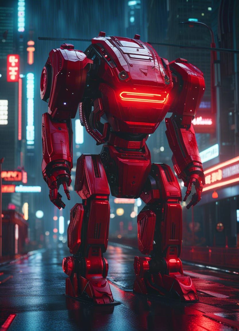 Giant Red Robot in Rainy Cyberpunk Cityscape