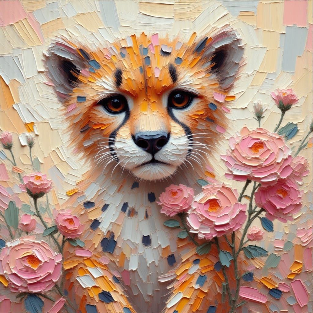 Cheetah Cub with Flower in Impasto Style