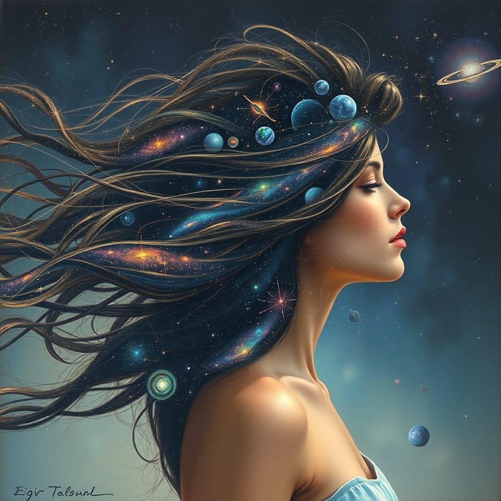 Ethereal Cosmic Goddess with Starry Tresses