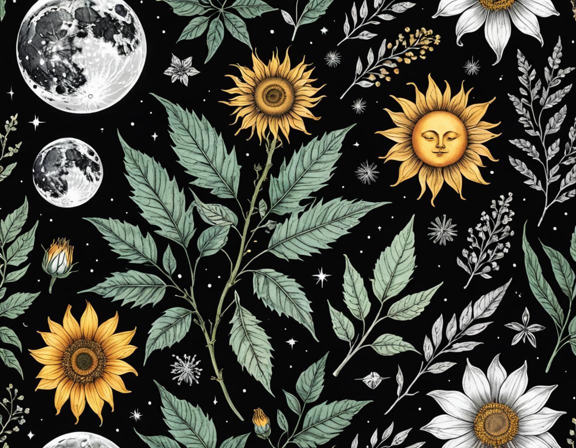 Botanical Ink Drawings with Crystals, Moon and Runes