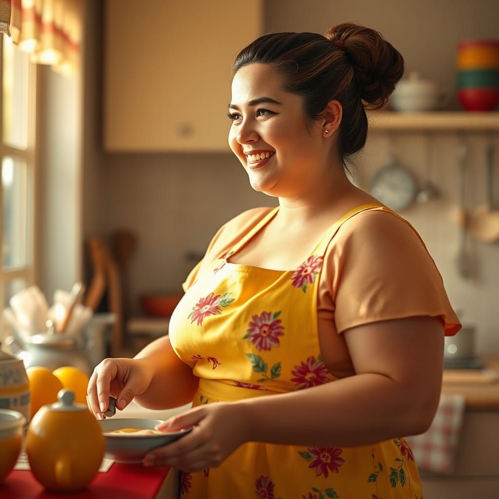 Tradwife Preparing Breakfast in Hyperrealistic Style