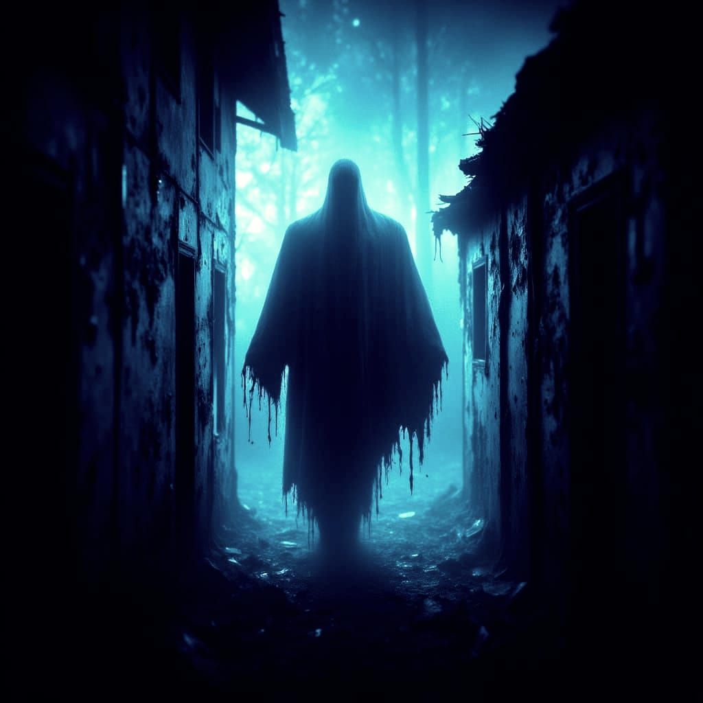 Fluorescent Blue Being Emerges from Burning House