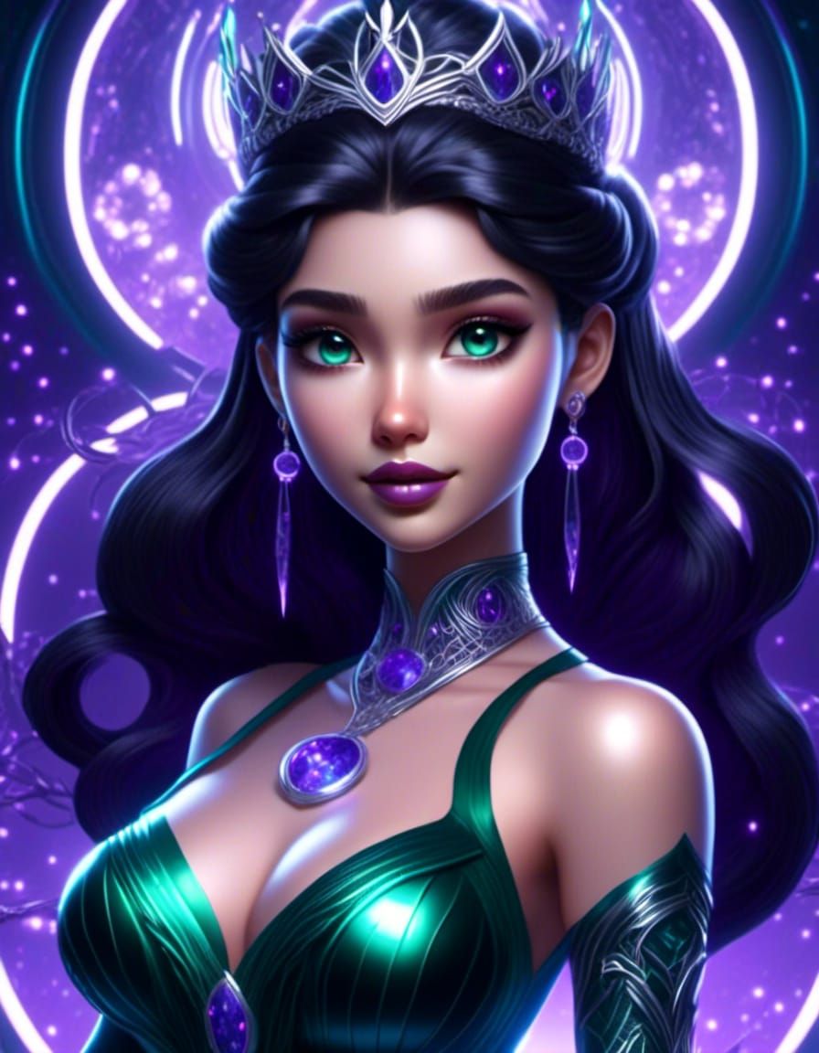 Anime smiling silver eyed princess with braided iridescent black hair wearing a dark purple and emerald green dress on a...