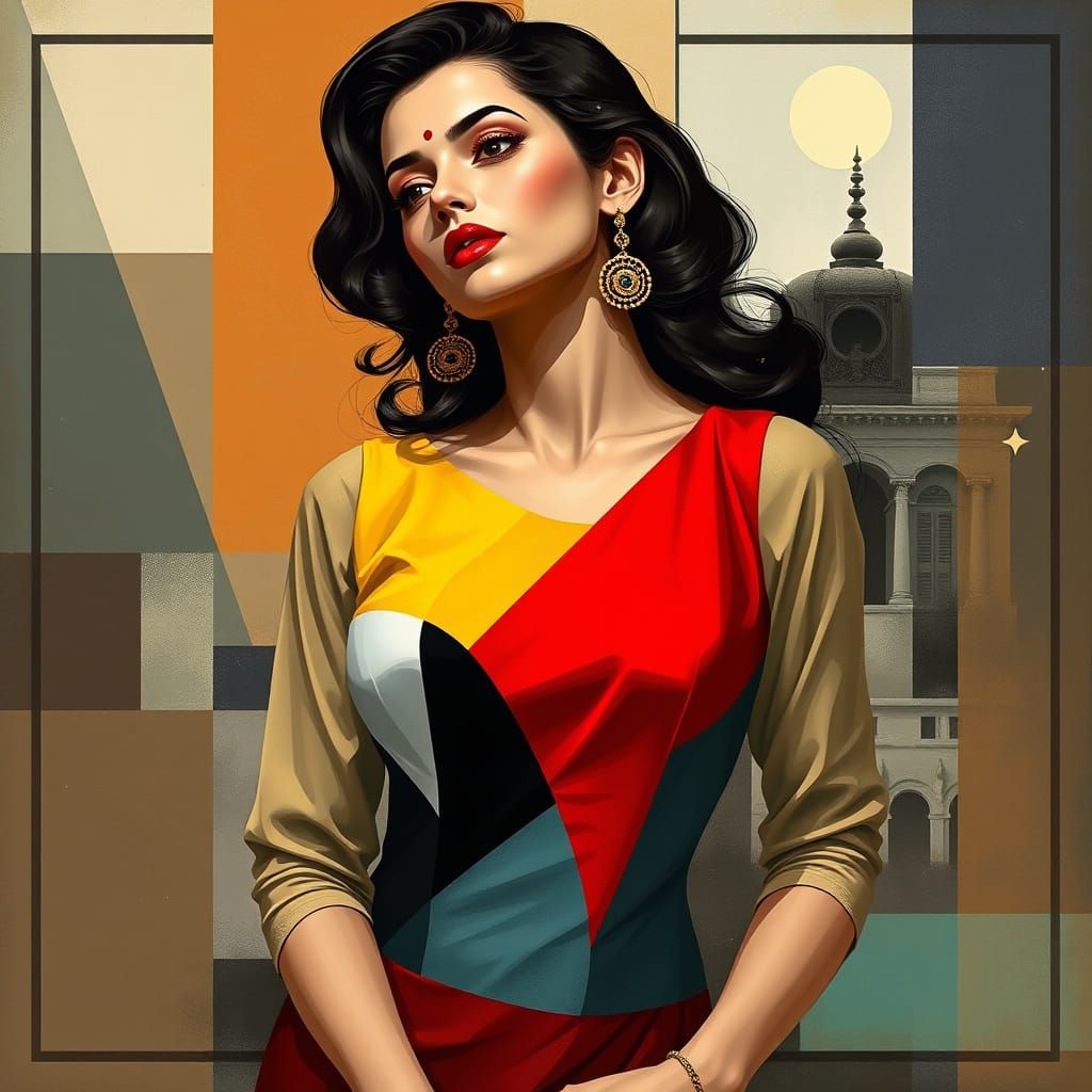 Mondrian-Inspired Pin-Up in Retro Mumbai Style