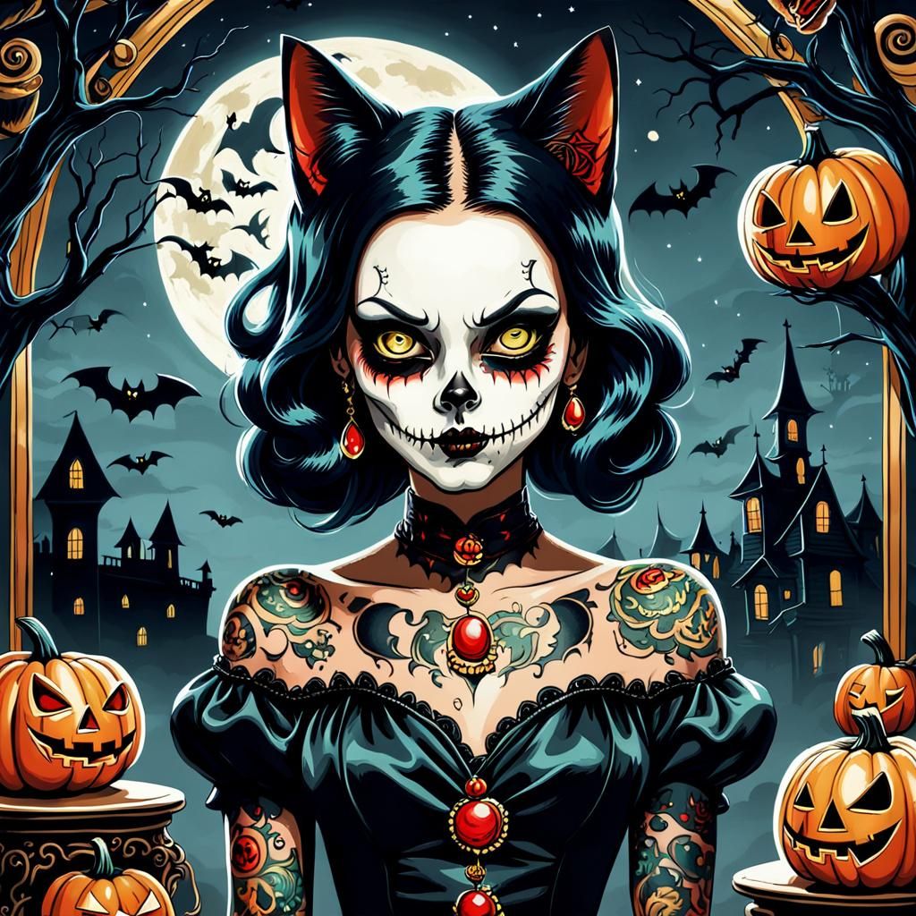 Halloween Glamour: Scary Art Print in Catcore Style