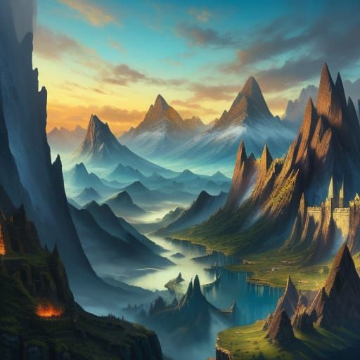 Dragons Over Detailed Mountains in Fantasy Landscape