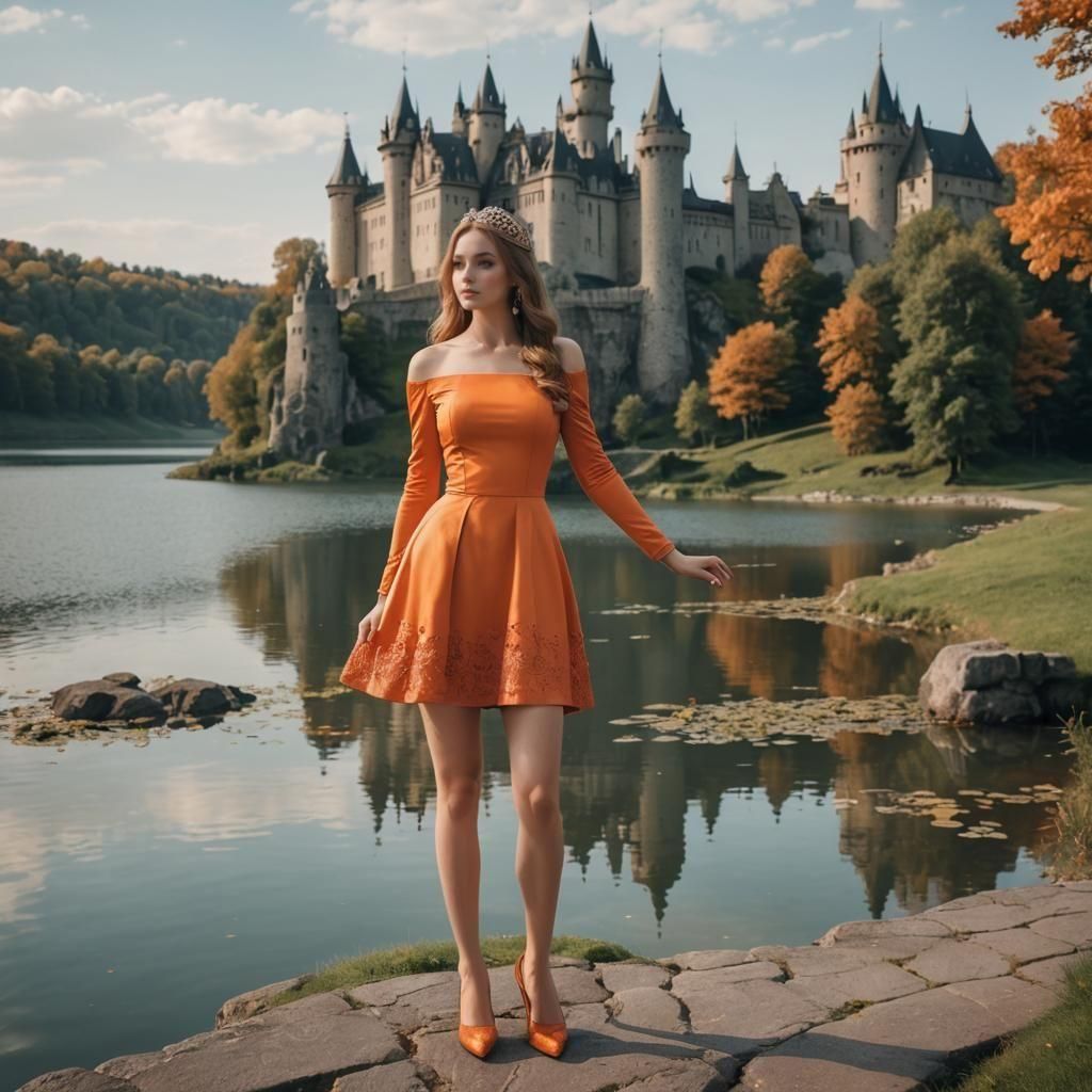 Princess in Orange Dress by Lake with Castle