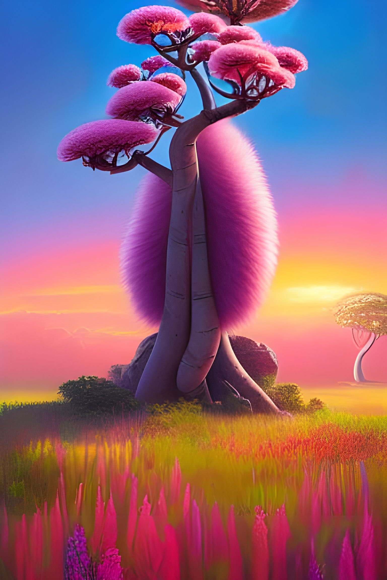 Pink Lemur Under Glowing Baobab Tree at Sunset