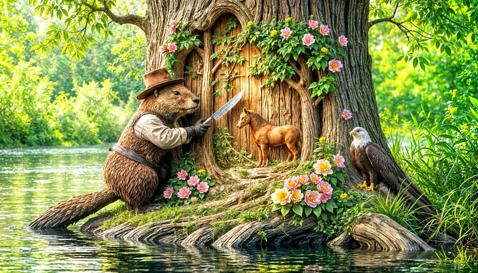 Beaver Carves Hyperreal Forest Scene on Tree Trunk