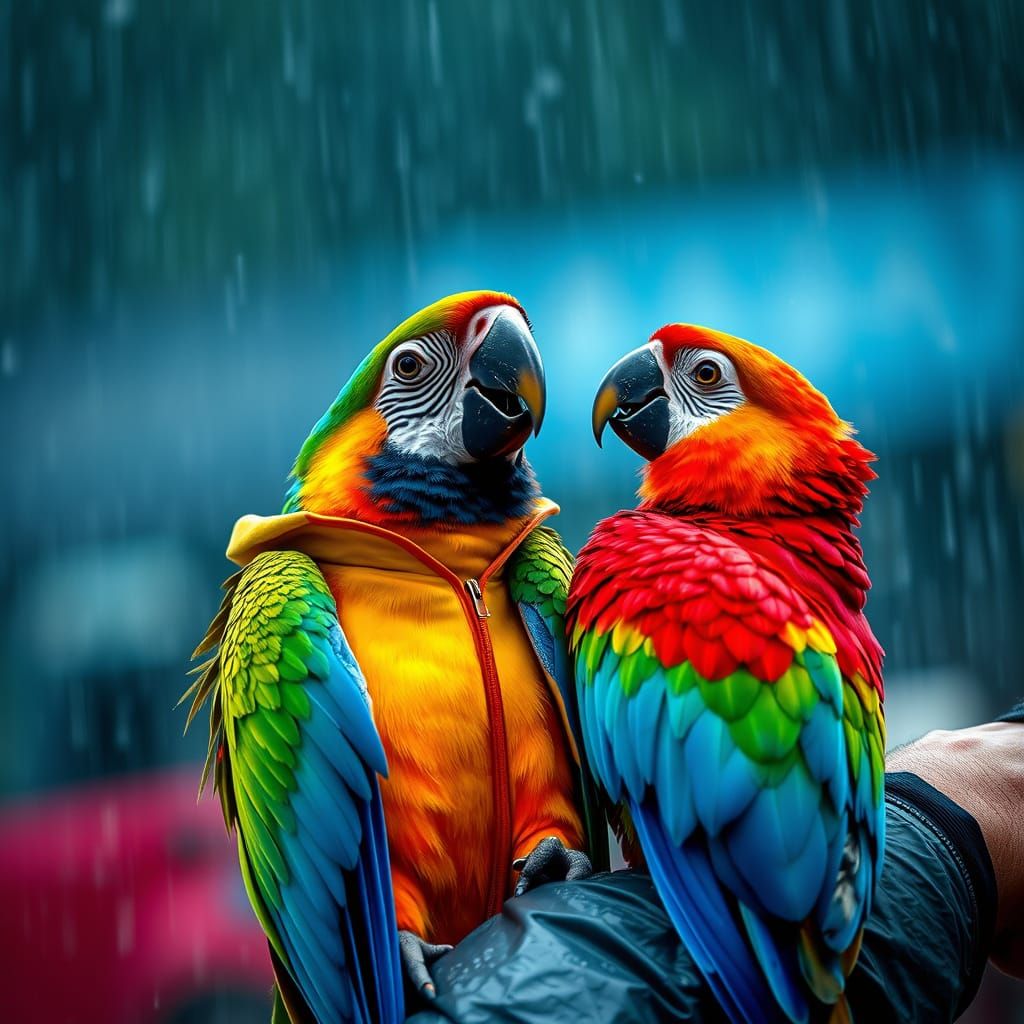 Macaw Singing in the Rain, Hyperrealistic Image