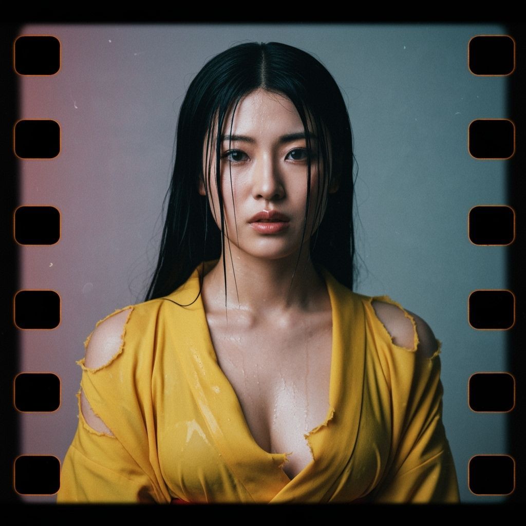 Cinematic Japanese Woman in Torn Kimono with Film Grain