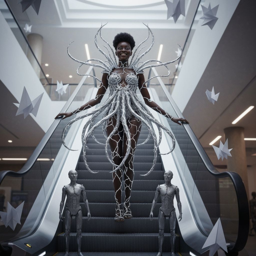 Futuristic Woman Ascends in Origami Mall