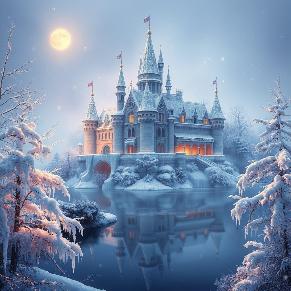 Whimsical Winter Castle Amidst Frosty Landscape
