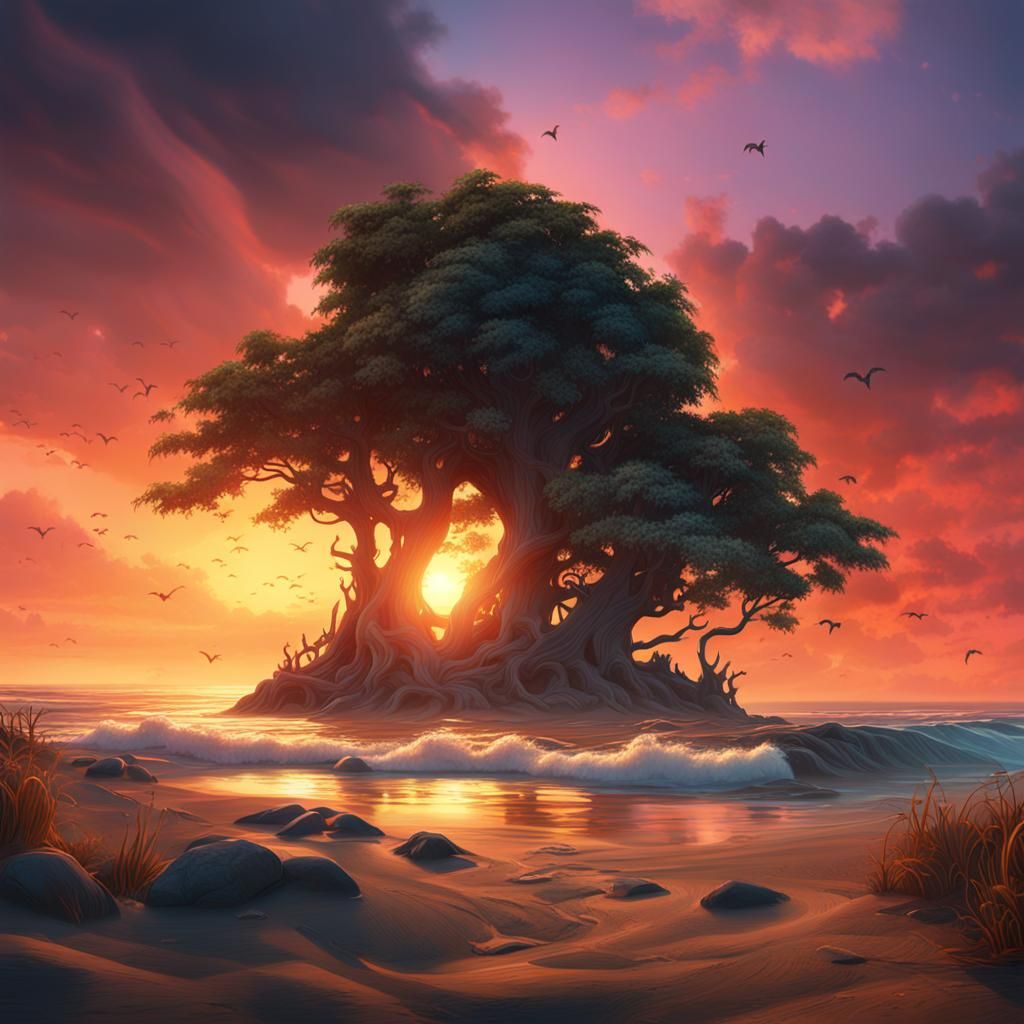 Beach Sunset in Detailed Matte Painting Style