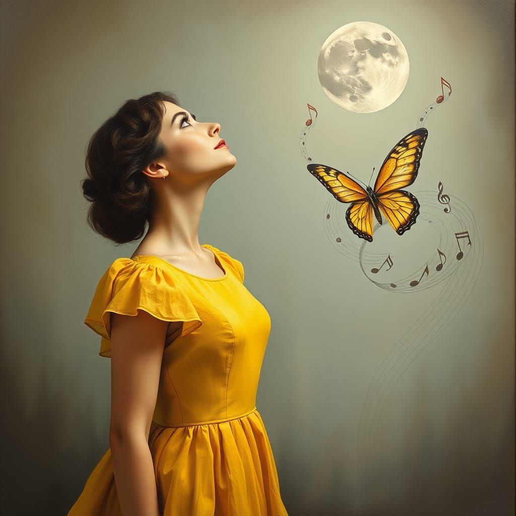 Whimsical Woman Gazing at Moon in Surreal Dreamscape
