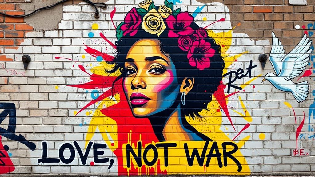 Vibrant Street Mural Celebrating Love Over War
