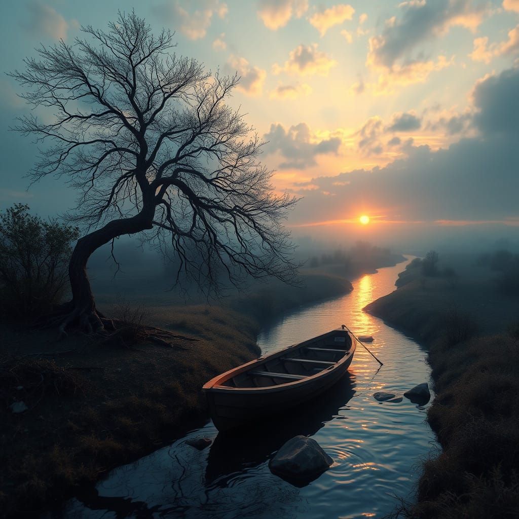 Surreal Sunset by a Twisted Tree and a Lonely Wooden Boat
