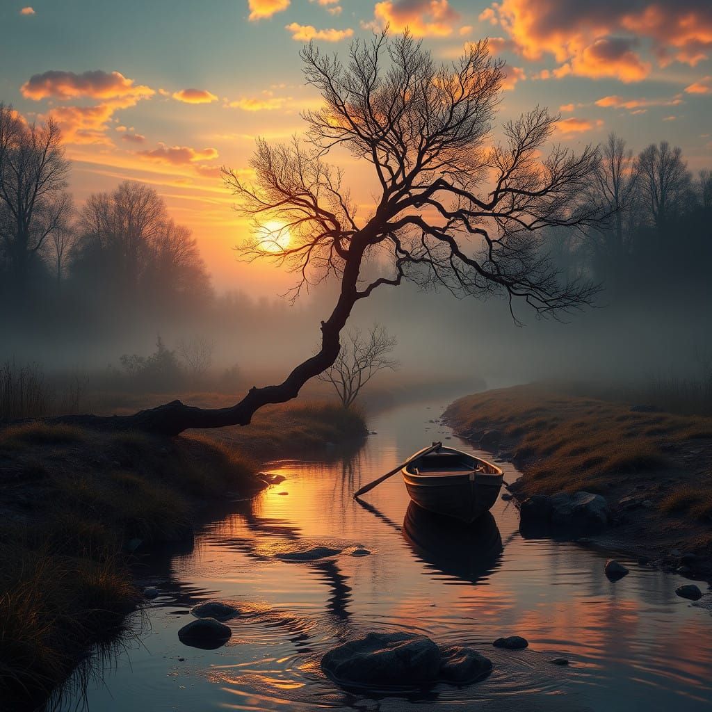 Surreal Sunset Stream Scene with Twisted Tree and Lonely Boa...