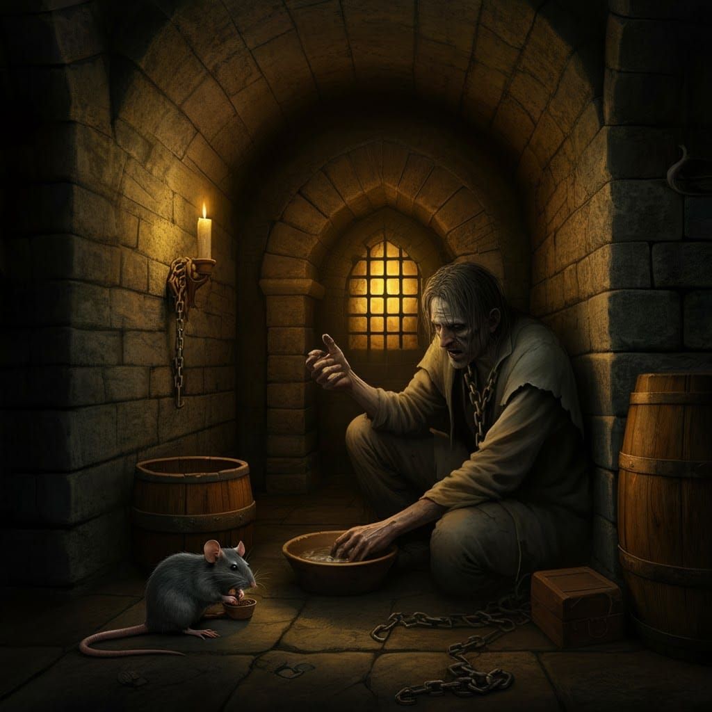 Medieval Dungeon Scene: Man Chained with Rat