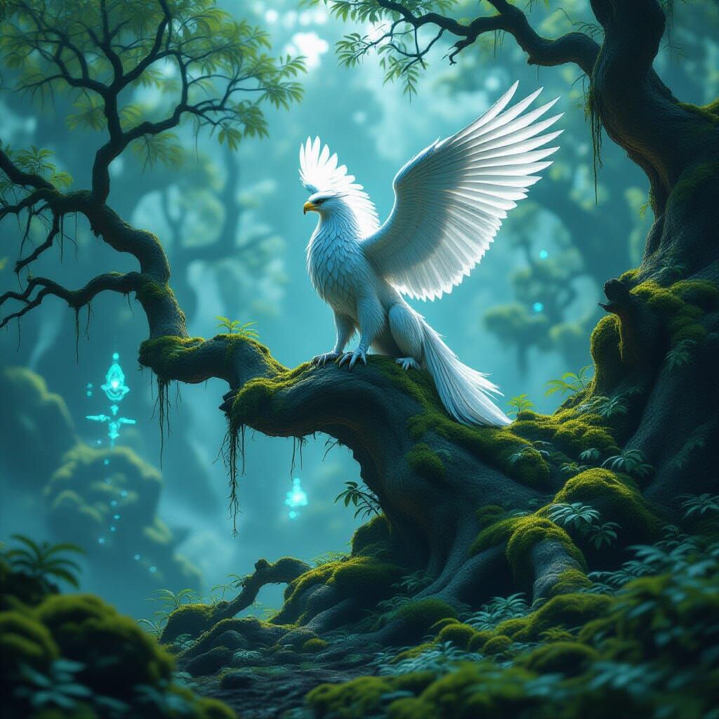 Majestic Griffin Perched on Gnarled Tree in Mystical Forest