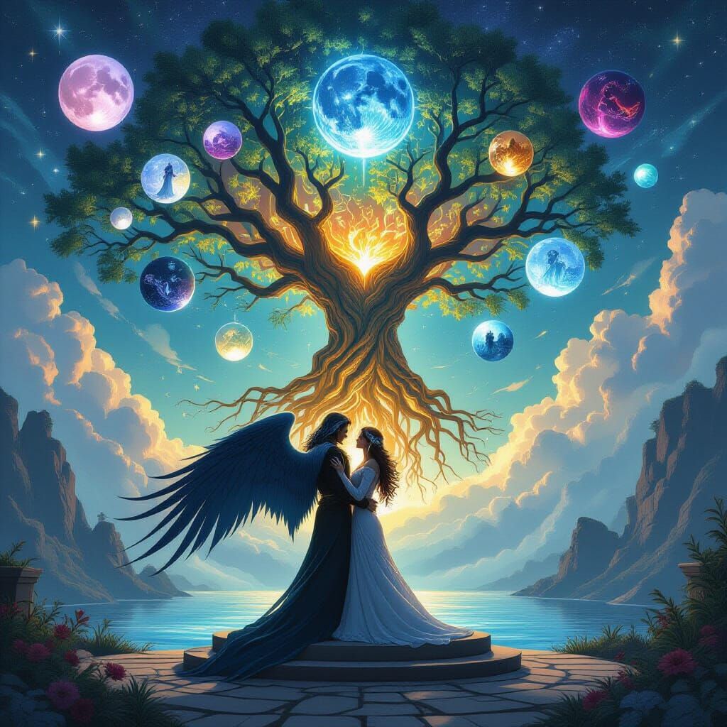 Cosmic Tree with Demonic Angel & Vampire, Astral Illustratio...