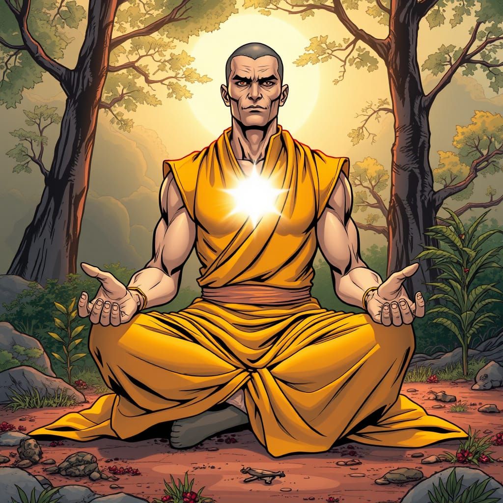Meditating Superhero in Comic Book Art Style