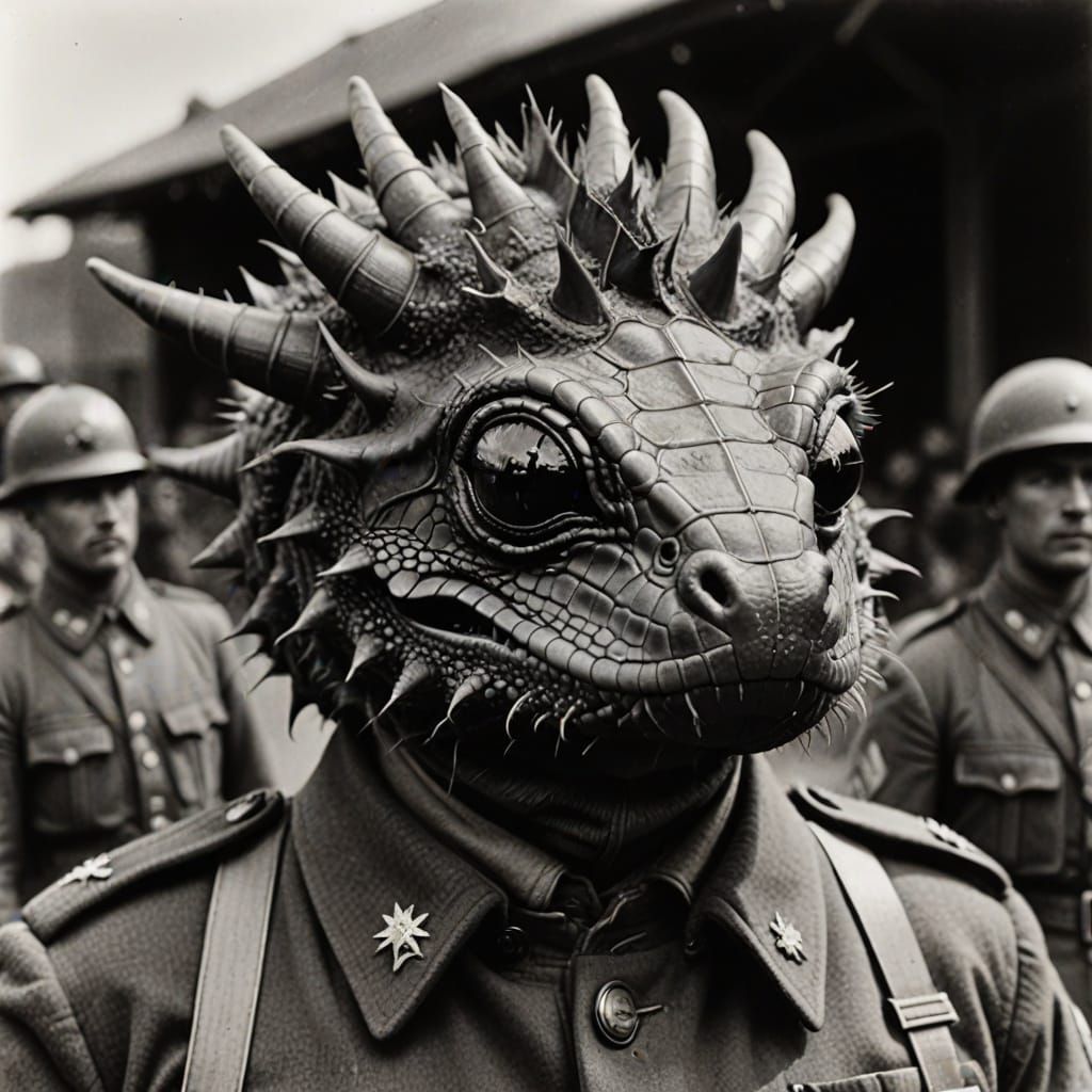 Dragon Head Caterpillar in World War I Soldier's Uniform, Bl...