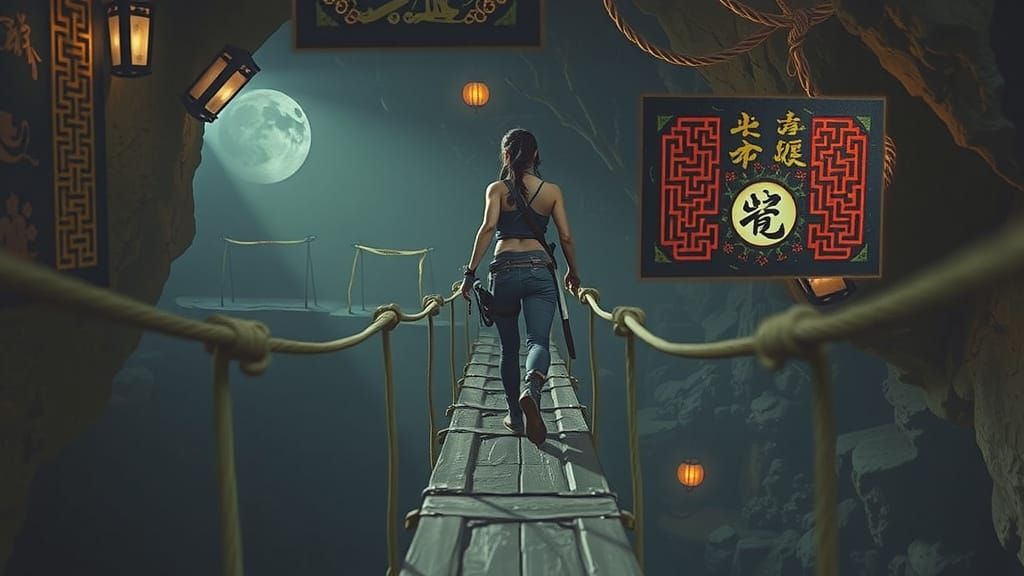 Lara Croft in Dark Cavern with Xiangqi Elements