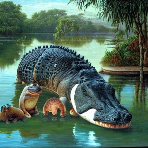 Crocodile, Penguin, and Hippo Lunch, Oil Painting