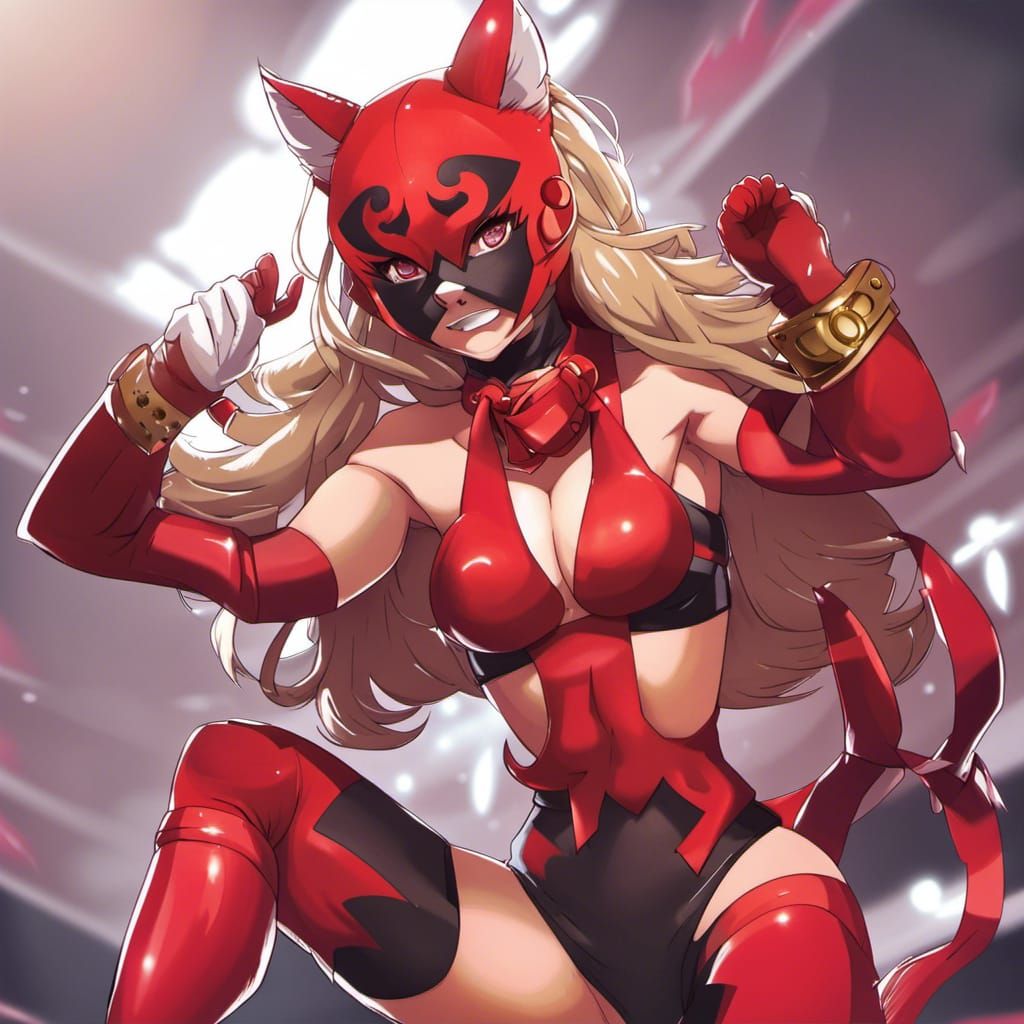 Masked Catgirl Luchadora in Anime Style