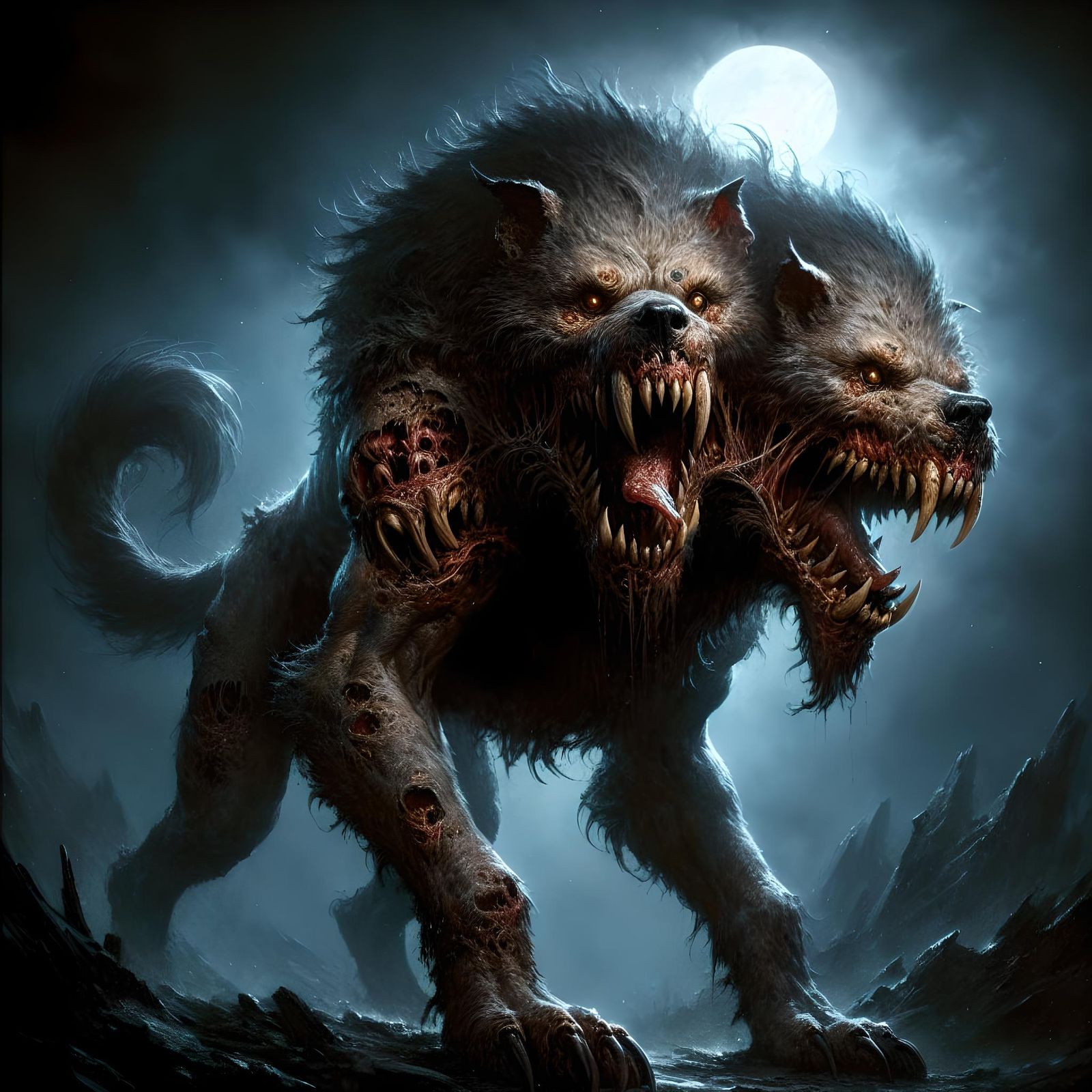 Menacing Two-Headed Death Dog in Dark Fantasy