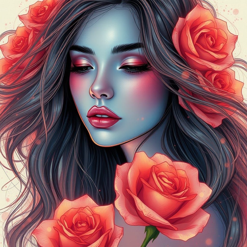 Luminescent Roses and Woman in Surreal Ink Style