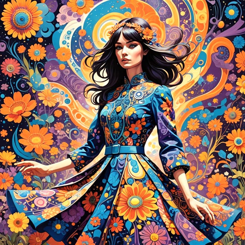 Futuristic 1960s Flower Power Dress, Digital Painting