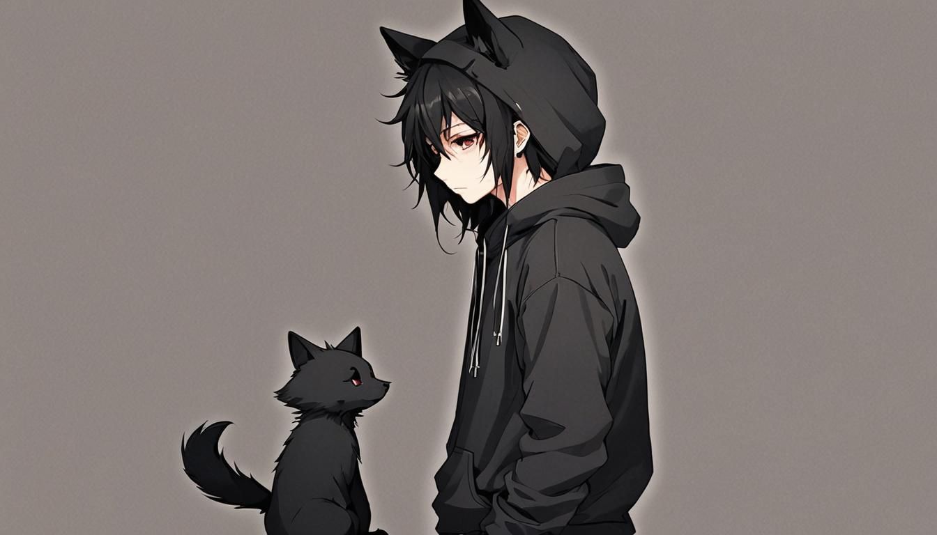 Anime Furry Boy with Black Hoodie and Broken Heart