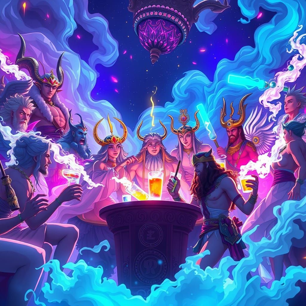 Pantheon Gods Unite in Vibrant Cosmic Celebration