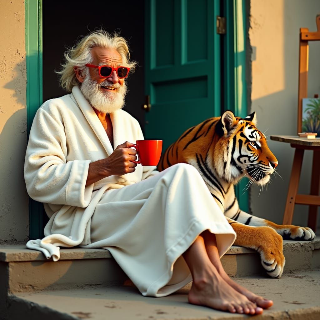 Laid-Back Gentleman in Whimsical Scene with Tiger, in Dreamy...