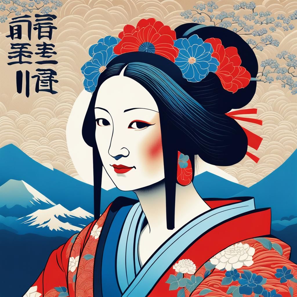 Mona Lisa as Japanese Ukiyo-e Woodblock Print