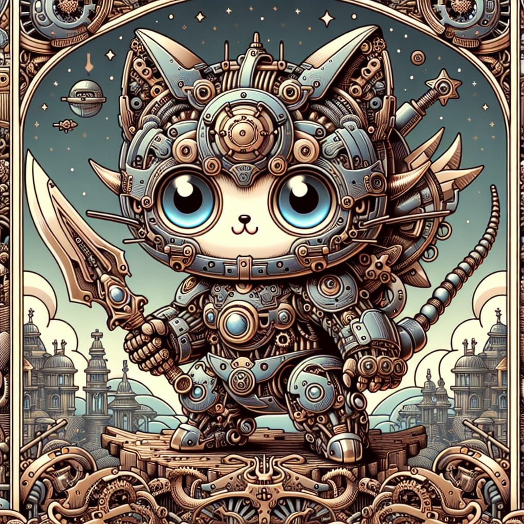 Chibi Robot Cat Warrior in Art Nouveau Style