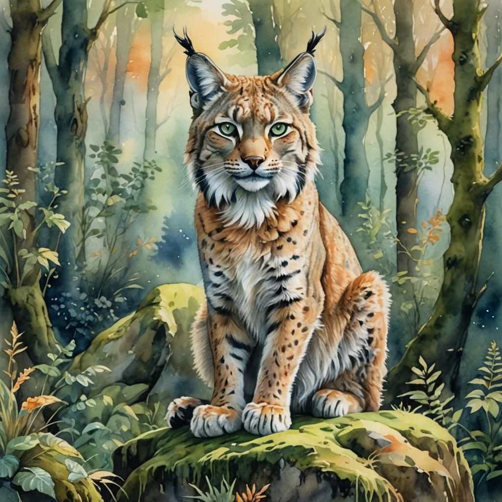 Mystical Lynx in Watercolor Forest, Fantasy Illustration