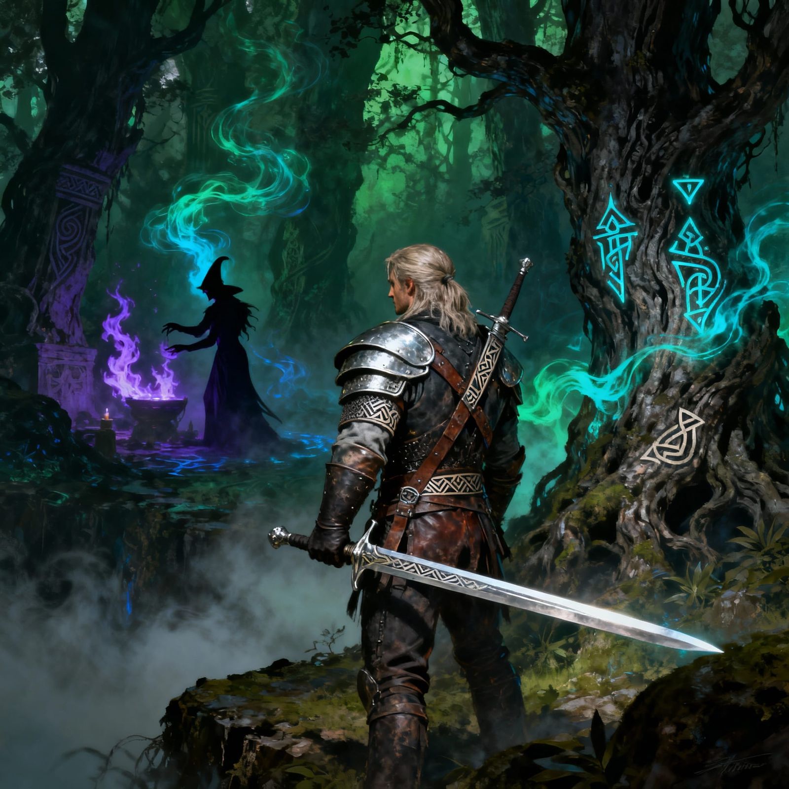 Geralt of Rivia, clad in worn leather armor, stands at the e...