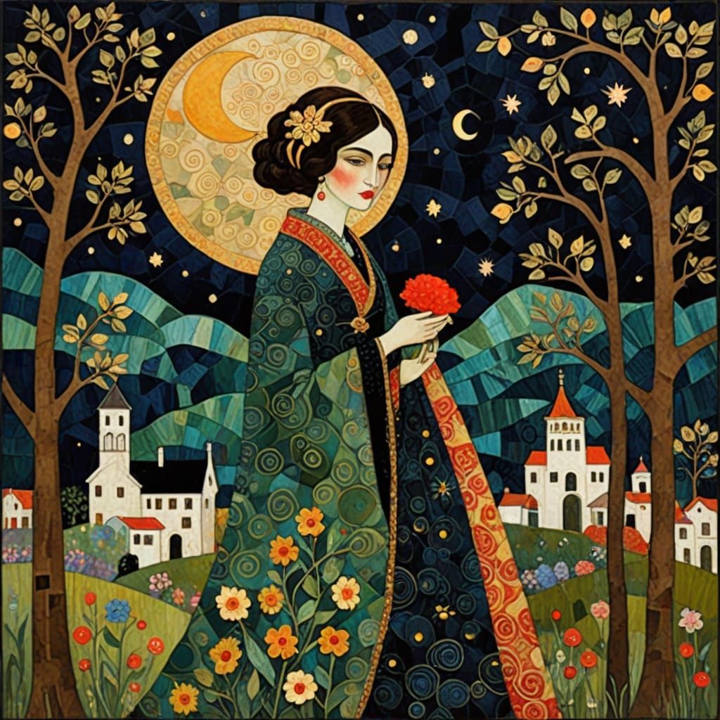 Spring Moonlit Offering in Folk Art Style