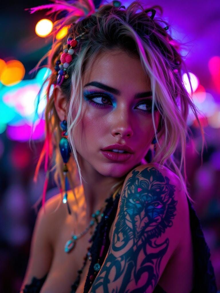 Woman with Cyberpunk Tattoo and Festival Makeup
