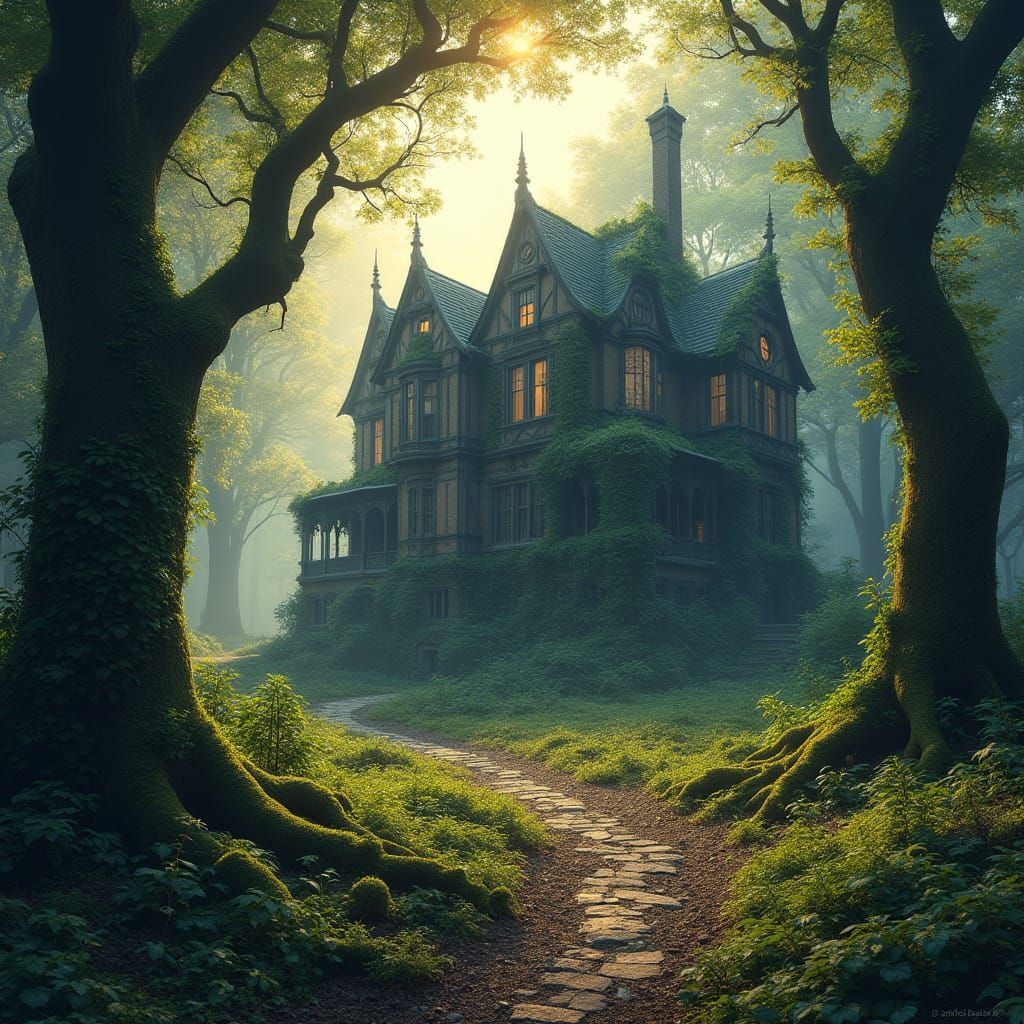 Overgrown Mansion in Mystical Forest, Hyper-Realistic Matte ...