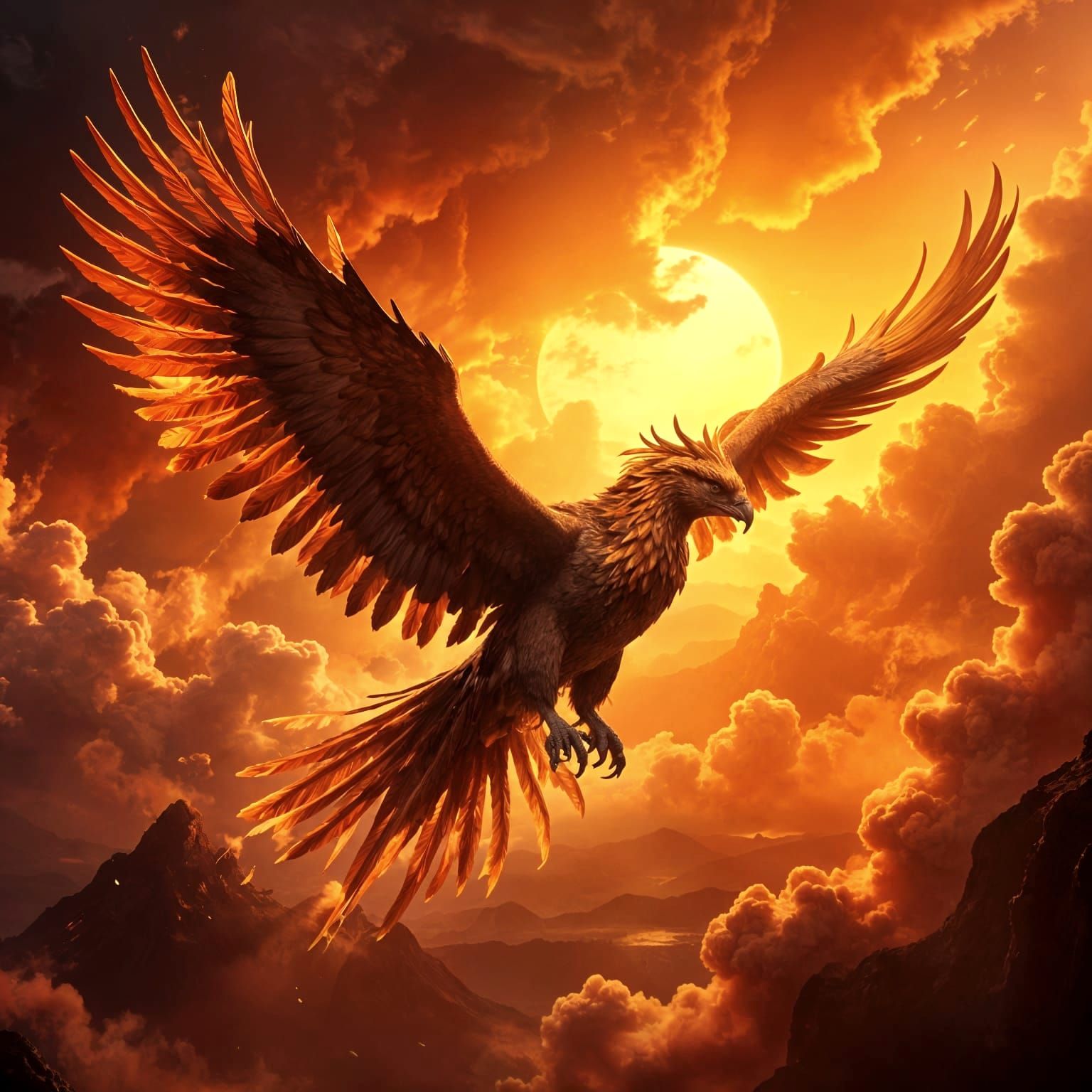 Majestic Phoenix in Golden Sunset on Volcanic Mountain