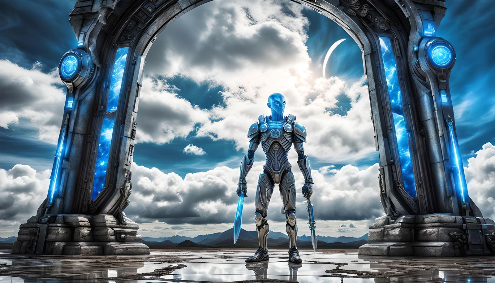 Cyborg Alien Guarding Time Portal with Energy Sword