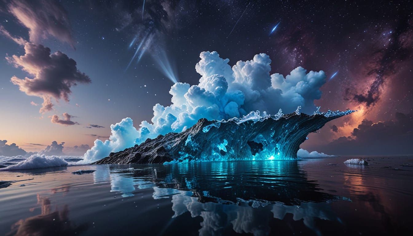 Galactic Seascape with Swirling Clouds in Ethereal Lighting