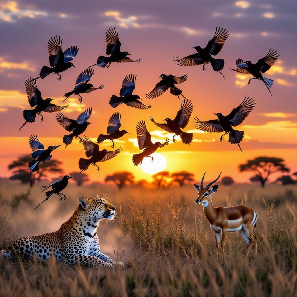 Leopard Annoyed by Drongos in Savanna Sunset